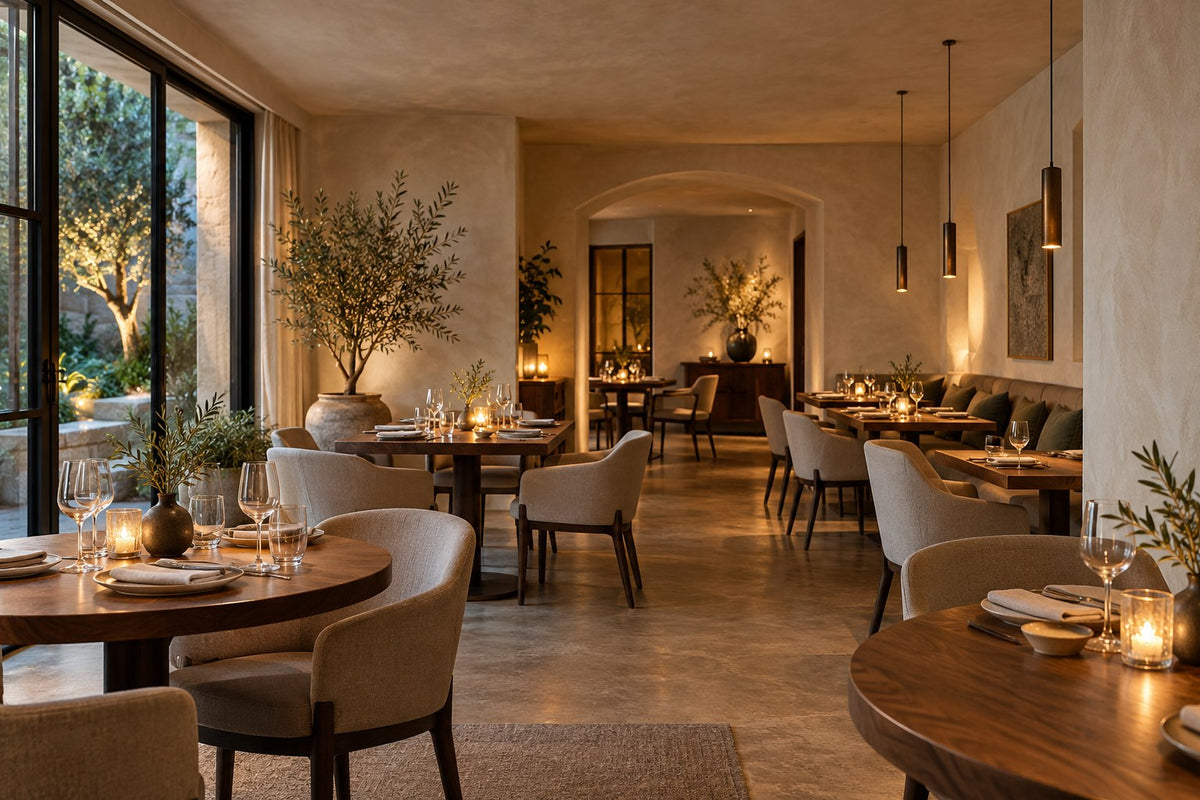 Concepto de restaurante con materiales cálidos y paredes y techos continuos